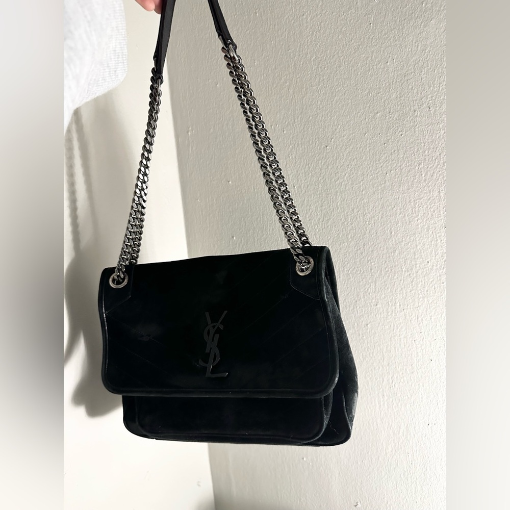Yves Saint Laurent Black Suede Monogram Chain Shoulder Bag